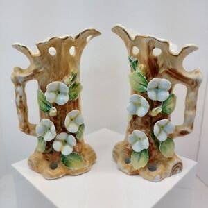 Lefton L’Amour China Bud Vases 5 1/2" Set Of 2 Hand Painted Vtg Japan Flowers